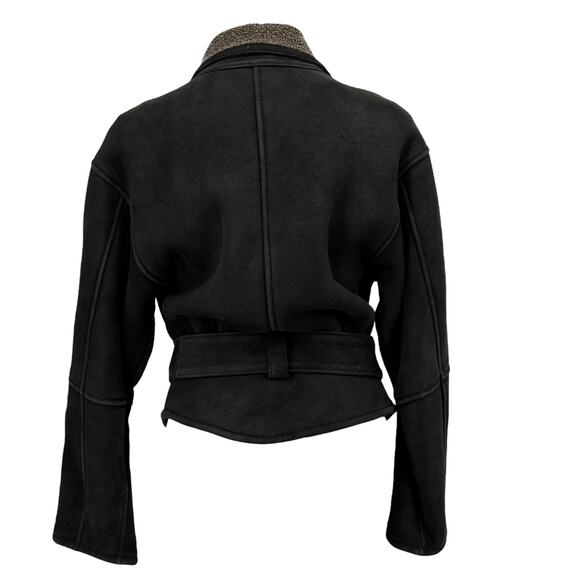 Andrew Marc Suede Shearling Jacket Women SZ S Black Belted Shearling Moto Biker - Picture 9 of 14